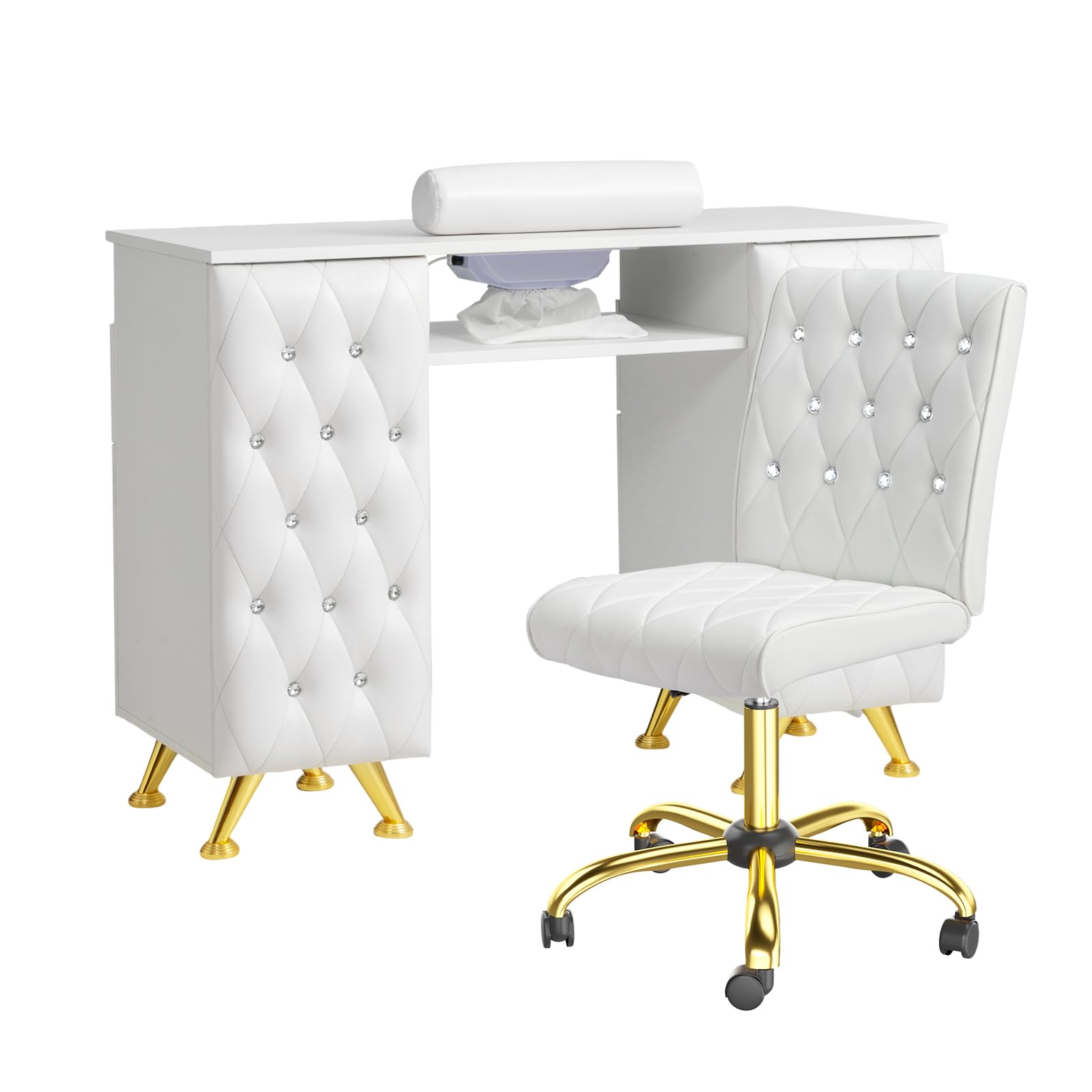 OmySalon MT-SC Nail Manicure Table w/Electric Dust Collector & Wrist Rest & Diamond Decoration