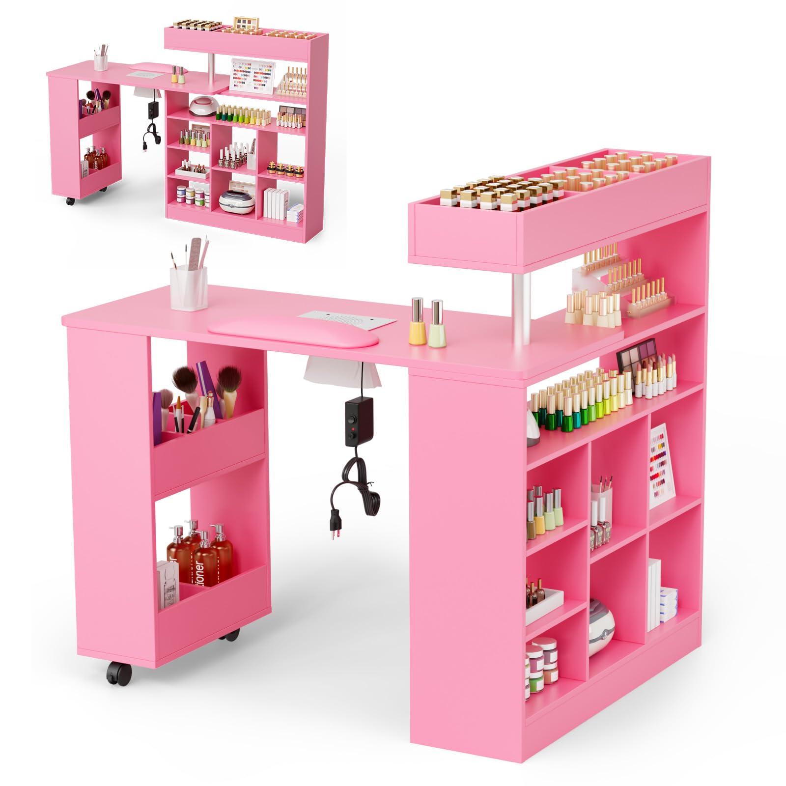 OmySalon MT-RL Rotatable L-Shaped Nail Manicure Table with Electric Dust Collector, Storage Trolley & Wrist Rest