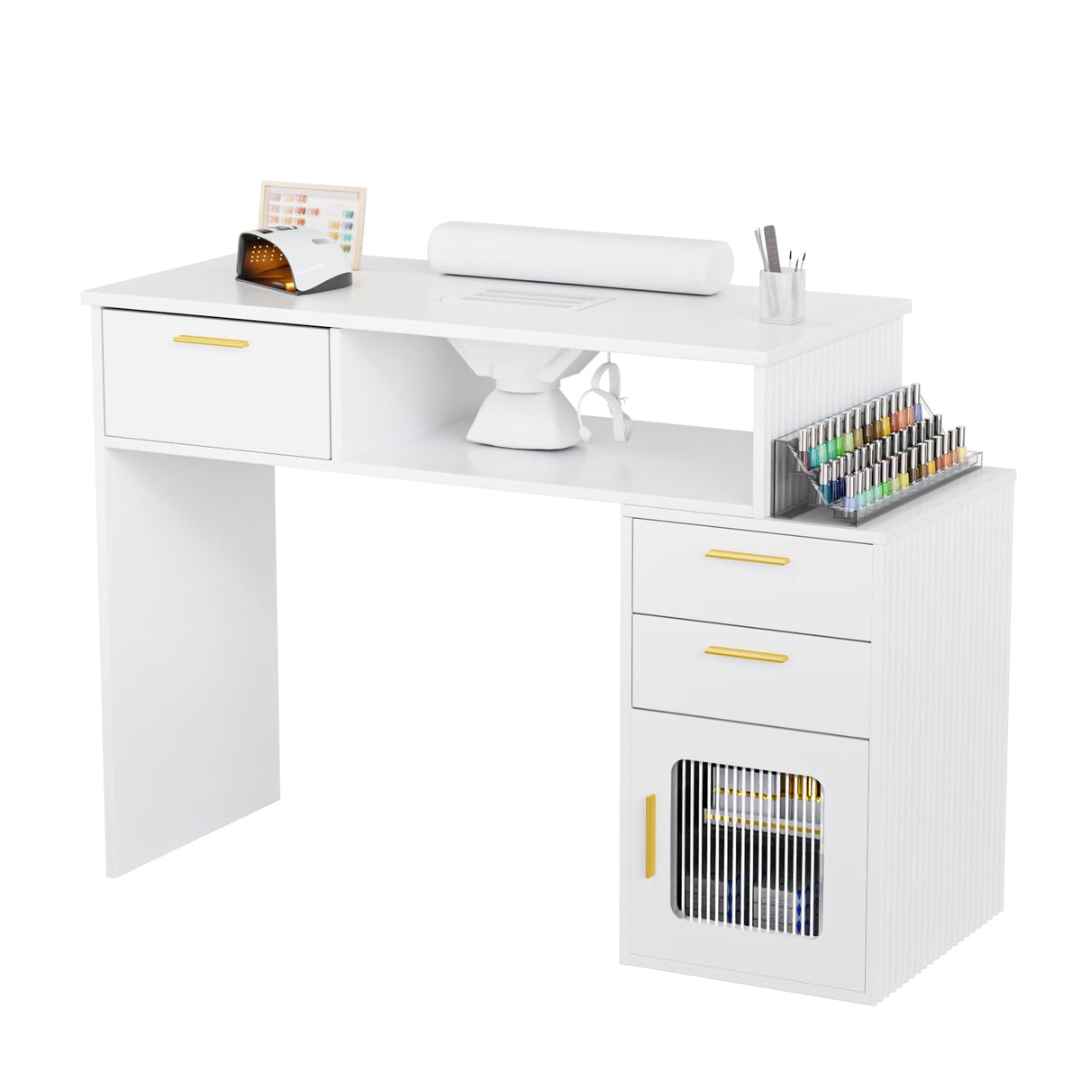 OmySalon MT-FL Nail Manicure Table w/Fluted Glass Cabinet & Electric Dust Collector & & Wrist Rest