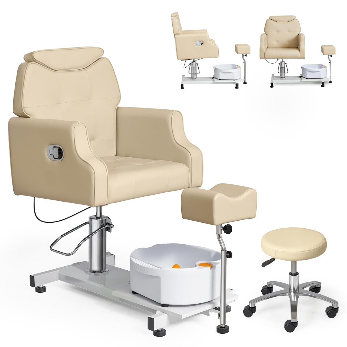 OmySalon PCM-WB 360° Rotation Hydraulic Pedicure Chair with Bubble Massage Foot Bath & Rolling Stool