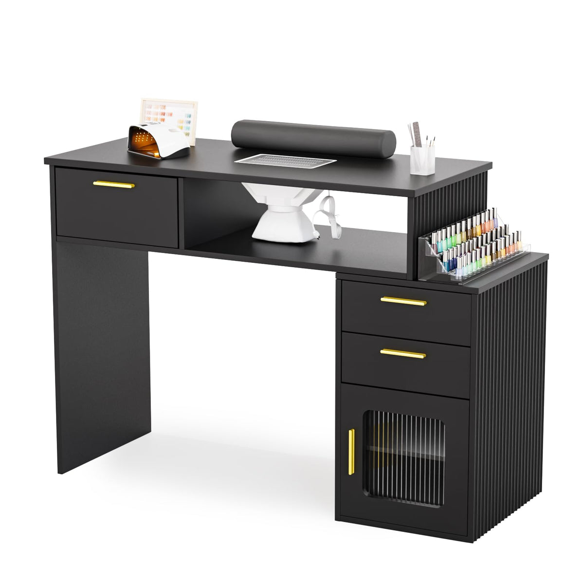 OmySalon MT-FL Nail Manicure Table w/Fluted Glass Cabinet & Electric Dust Collector & & Wrist Rest