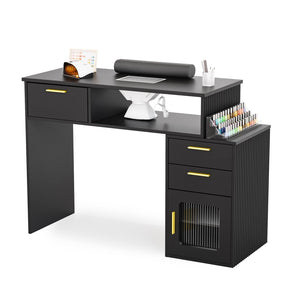 OmySalon MT-FL Nail Manicure Table w/Fluted Glass Cabinet & Electric Dust Collector & & Wrist Rest