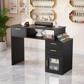 OmySalon MT-FL Nail Manicure Table w/Fluted Glass Cabinet & Electric Dust Collector & & Wrist Rest