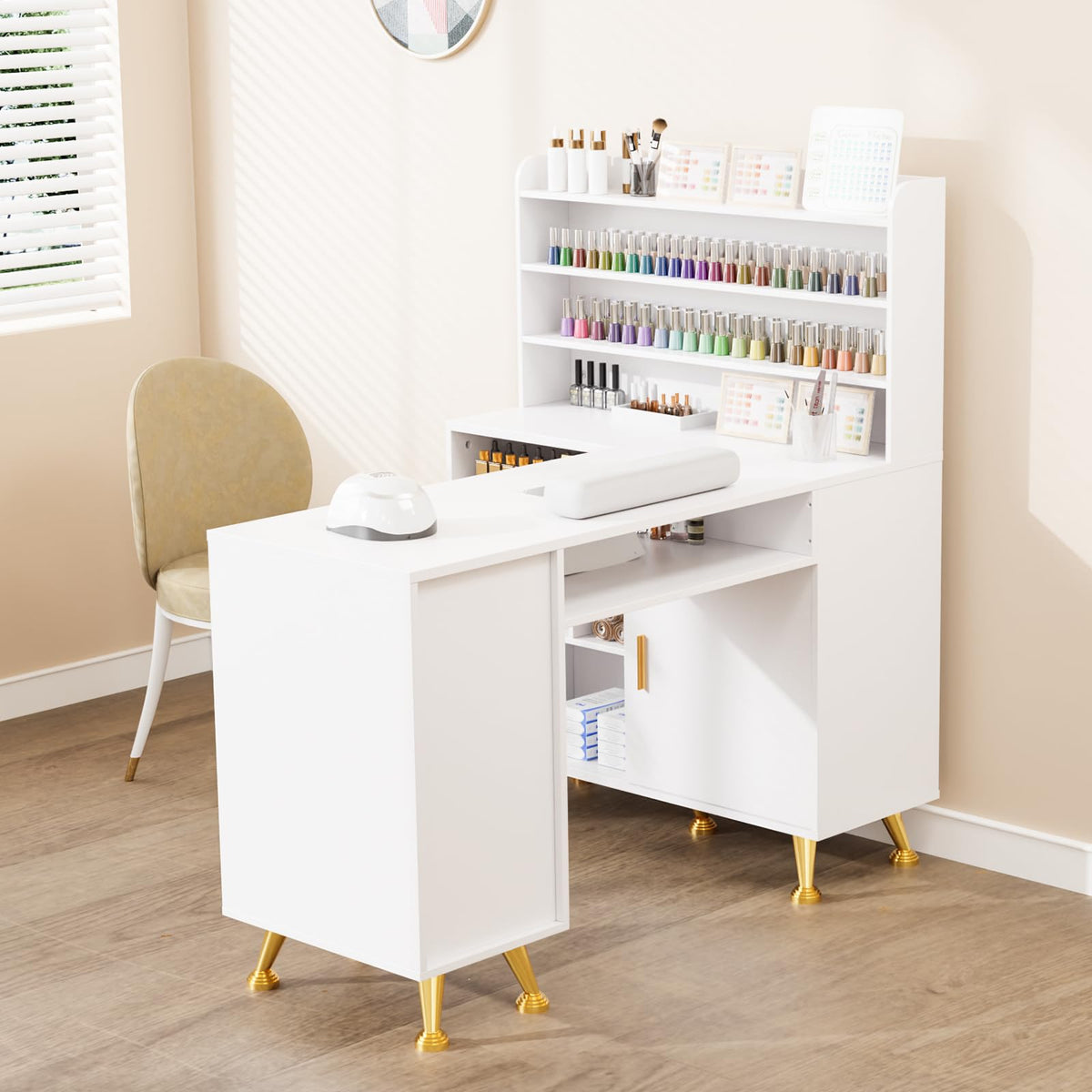 OmySalon MT-LS 52" L Shaped Nail Manicure Table w/Polish Display Rack & Electric Dust Collector & Wrist Rest