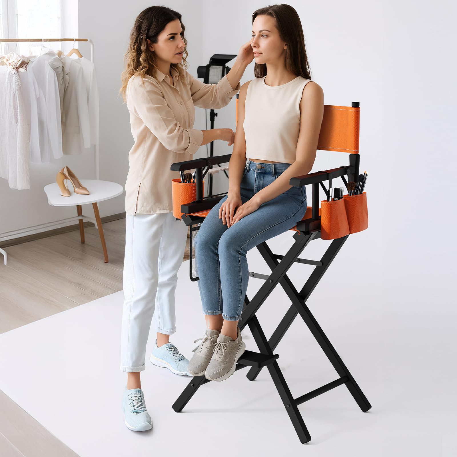 OmySalon 31in Wooden Portable Director Chair Folding Makeup Chair with Storage Pouch