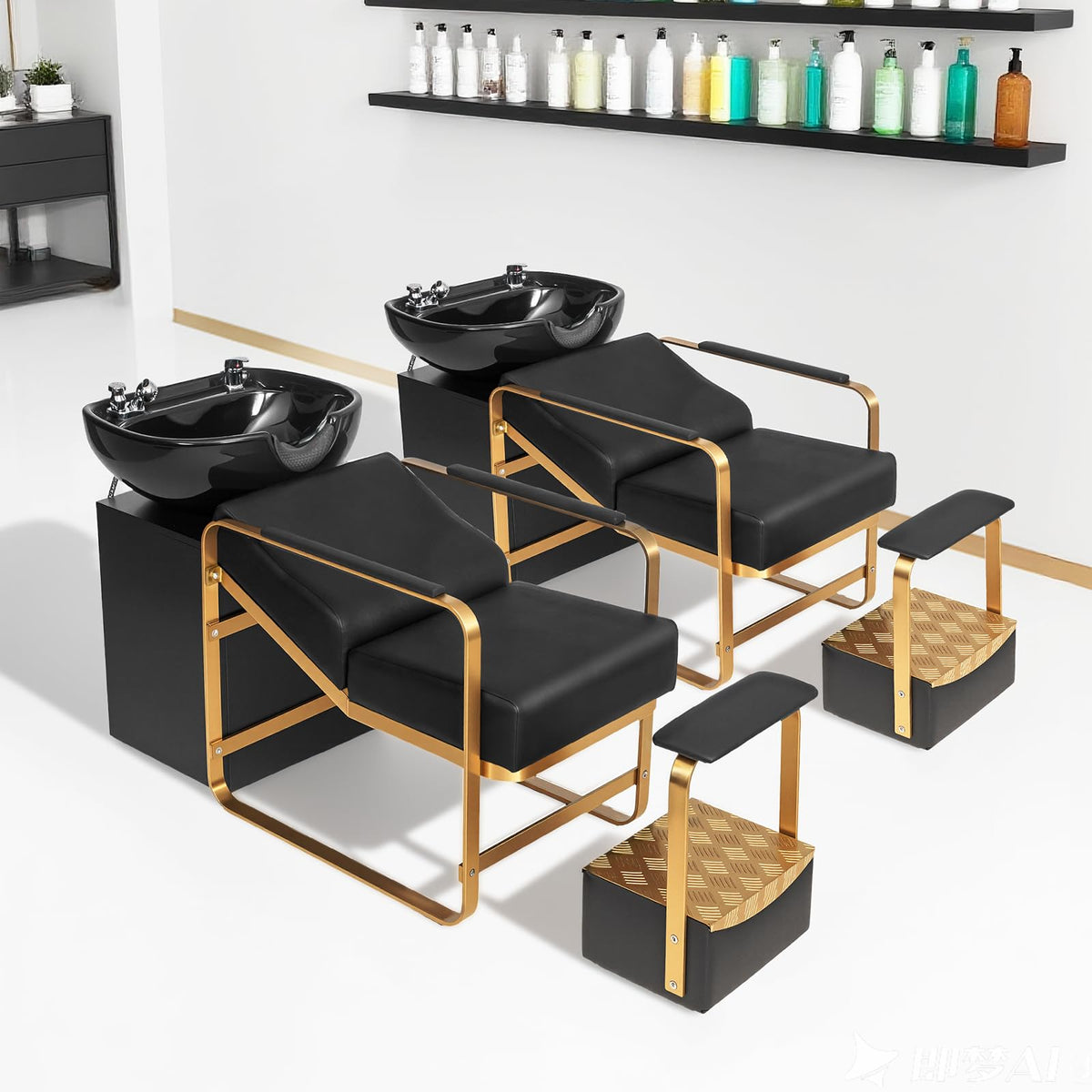 OmySalon BU2401 Salon Shampoo Backwash Chair Unit with Ceramic Shampoo Bowl & Storage Cabinet Station & Independent Footrest