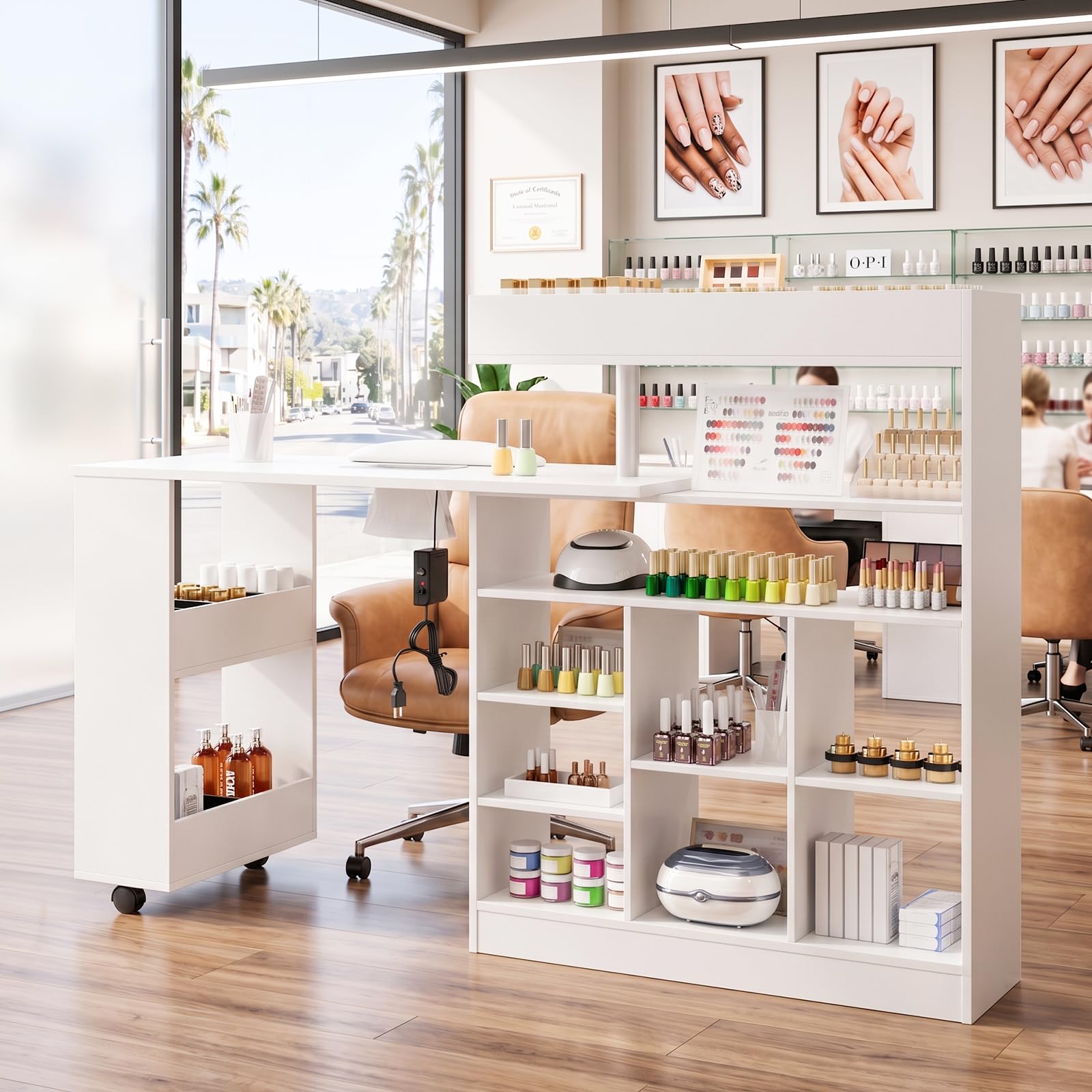 OmySalon MT-RL Rotatable L-Shaped Nail Manicure Table with Electric Dust Collector, Storage Trolley & Wrist Rest