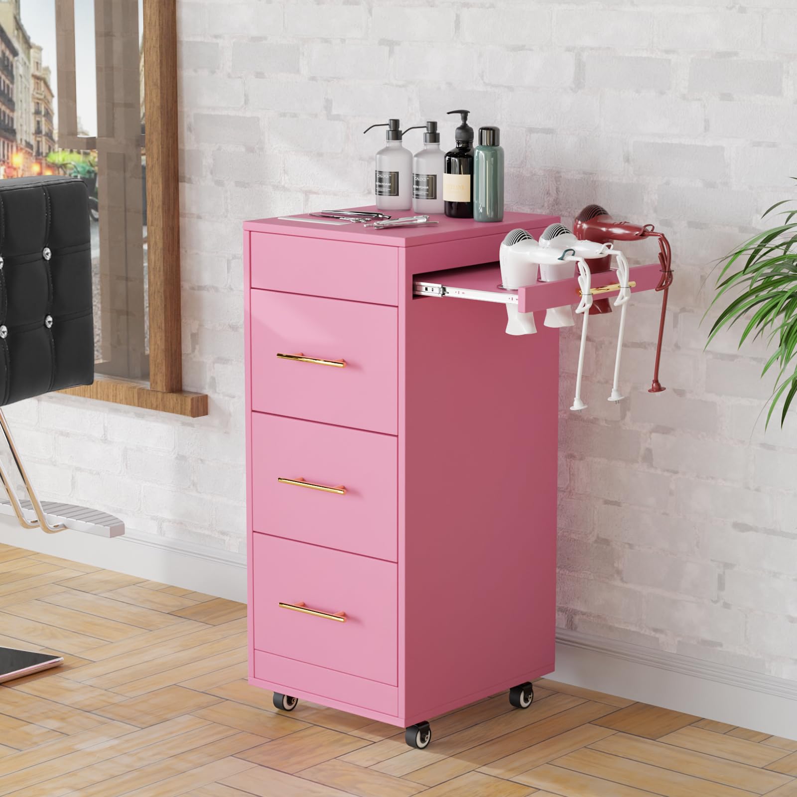 OmySalon Wooden Salon Trolley Cart Hairdresser Mobile Storage Cabinet with Wheels Black/White/Rustic Brown/Grey/Pink