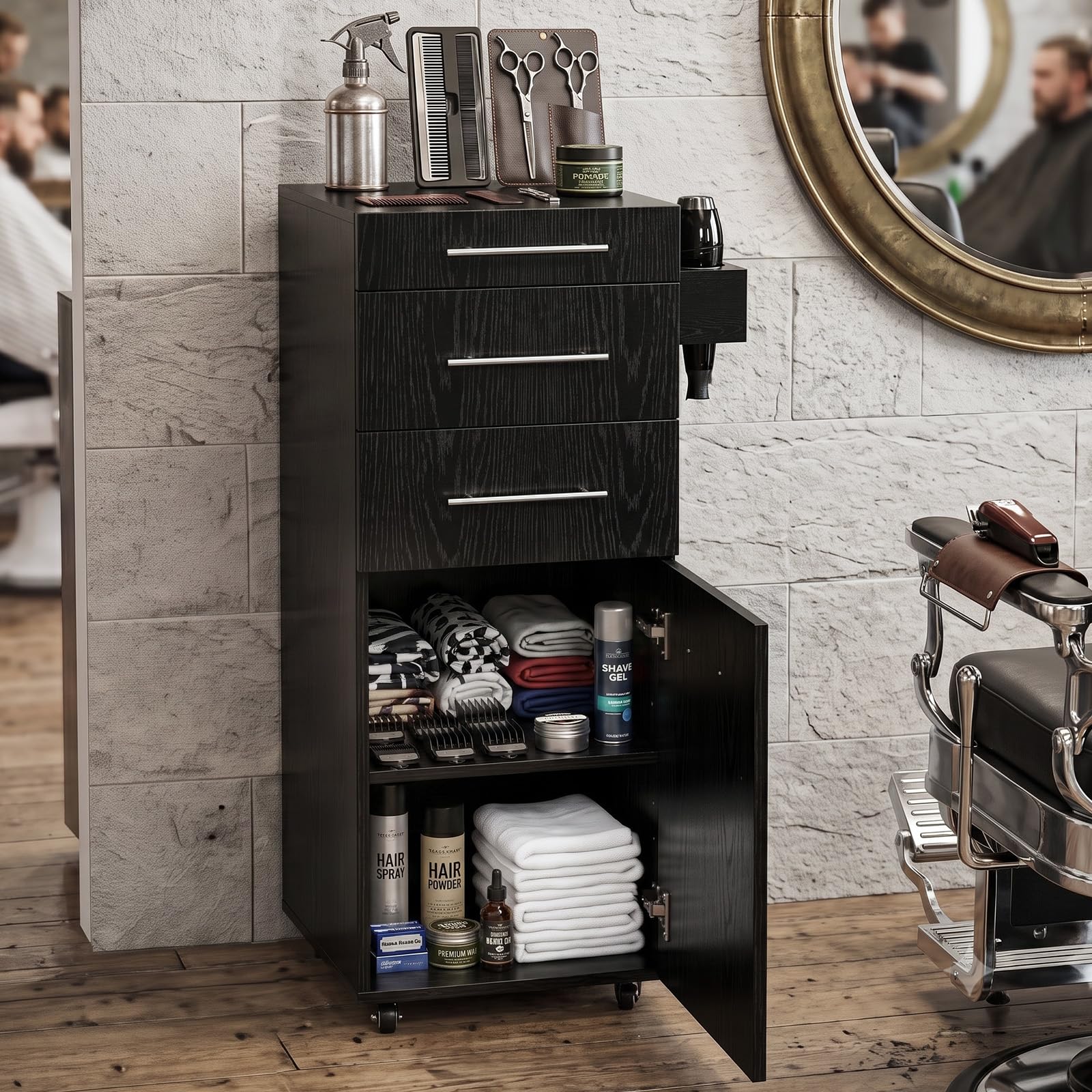 OmySalon SCTDOC Wooden Salon Trolley Cart with Wheels, 3 Drawers, Adjustable Shelf & Tool Holders