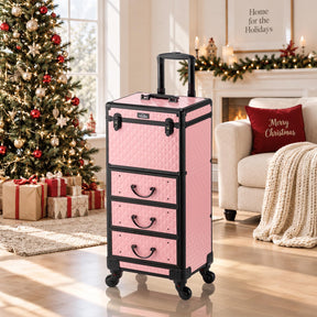 OmySalon Diamond Pattern Aluminum Lockable Rolling Makeup Train Case With 3 Drawers