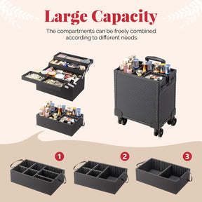 OmySalon 4-in-1 Portable Lockable Rolling Makeup Train Case with 4 Top Trays & 1 Deep Drawer
