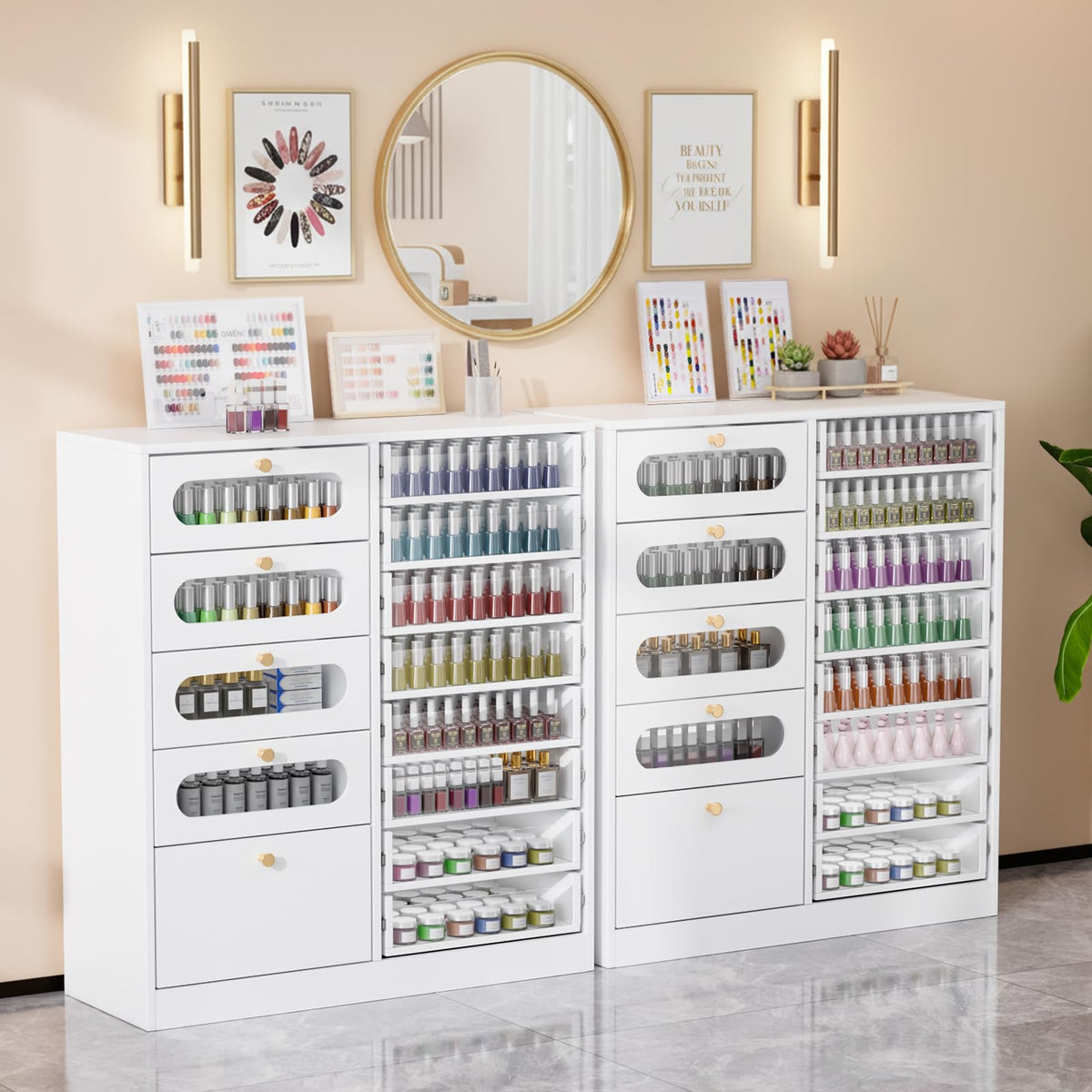 OmySalon 32" L Floor-Standing Nail Polish & Powder Organizer Cabinet with 8 Clear & 4 Visual Drawers