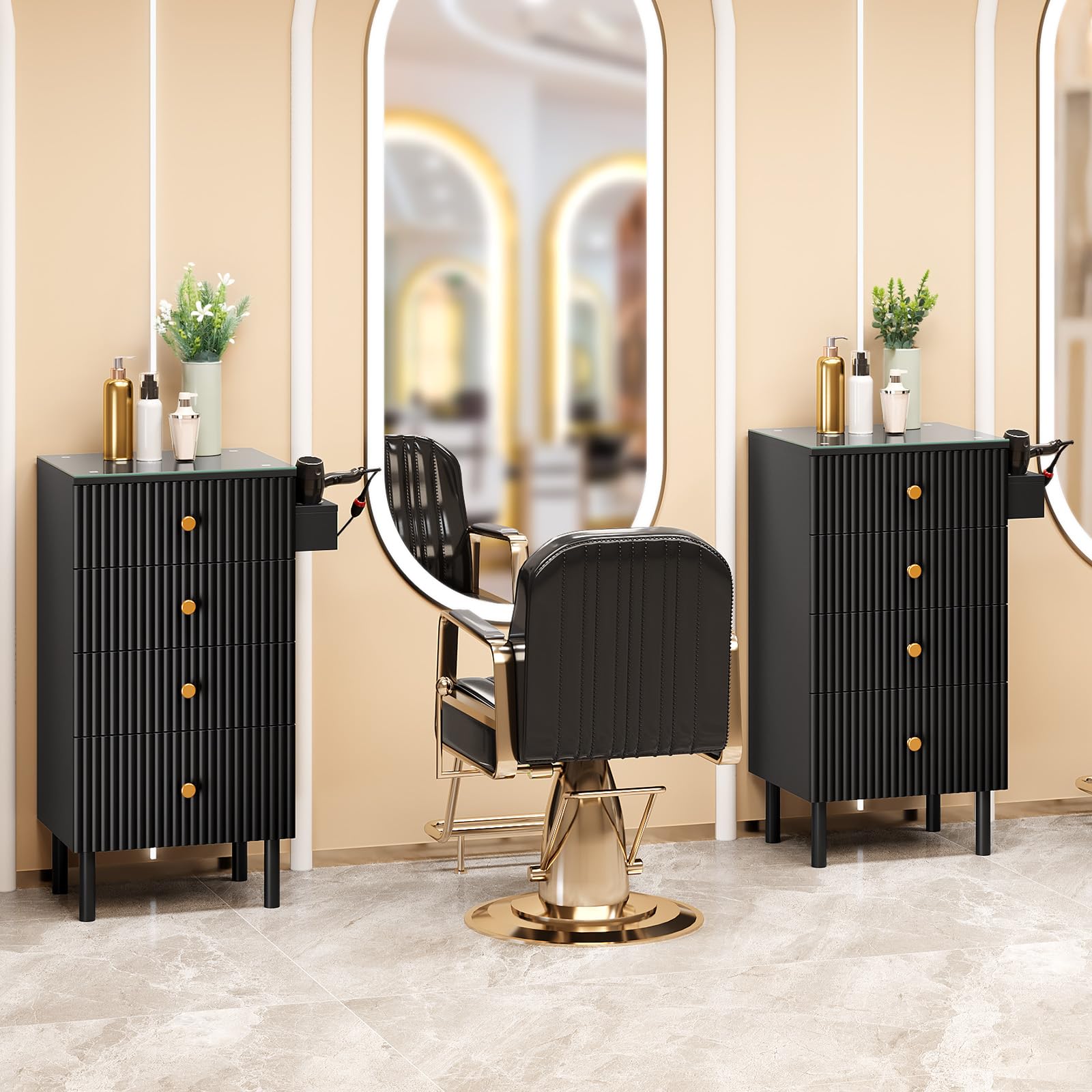 OmySalon SCWG Salon Styling Storage Station with Removable Glass Top & 4 Drawers 3 Hot Tool Holders