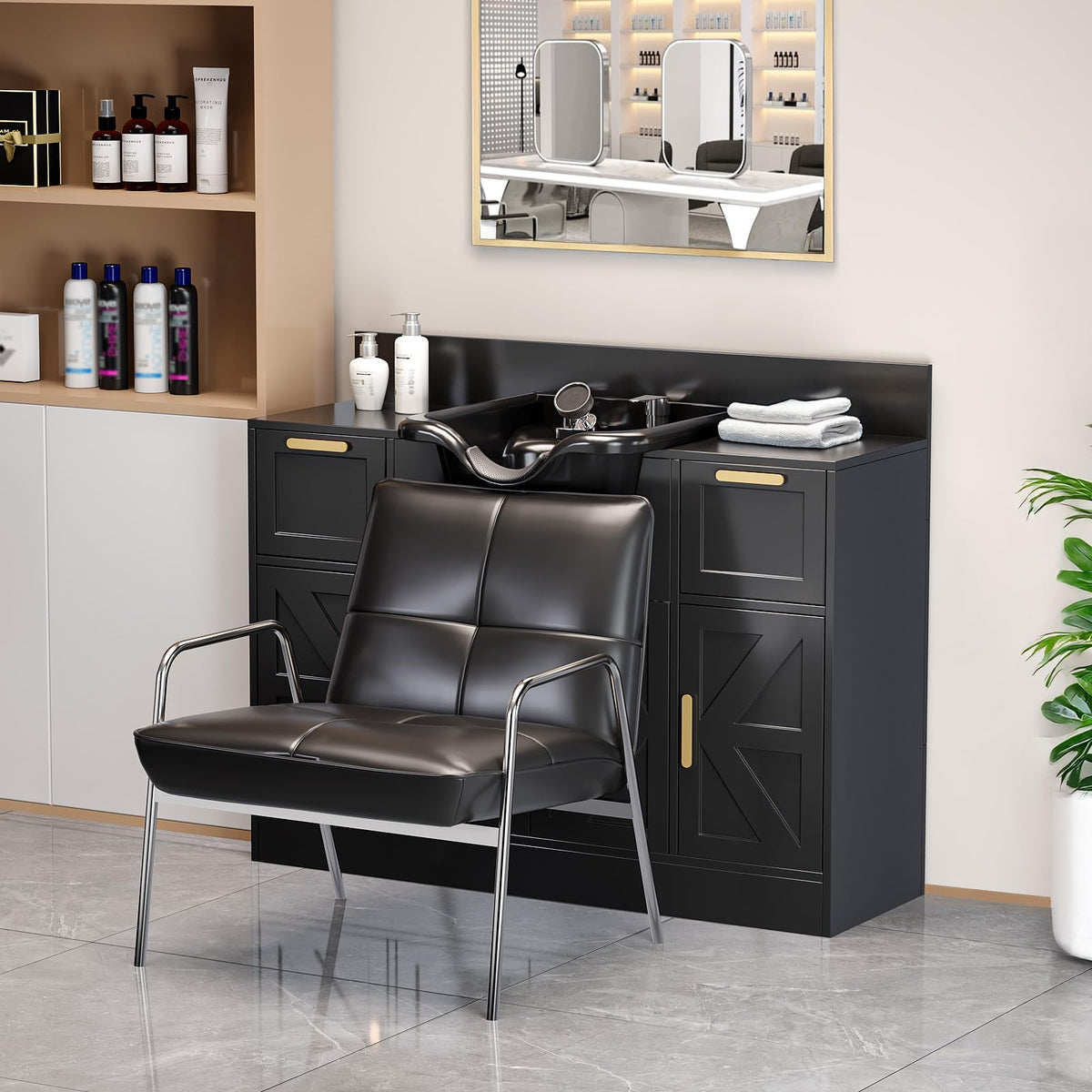 Omysalon SCWSB Freestanding Salon Wet Cabinet Station with Storage Drawers, Shampoo Bowl & Geometric Finish