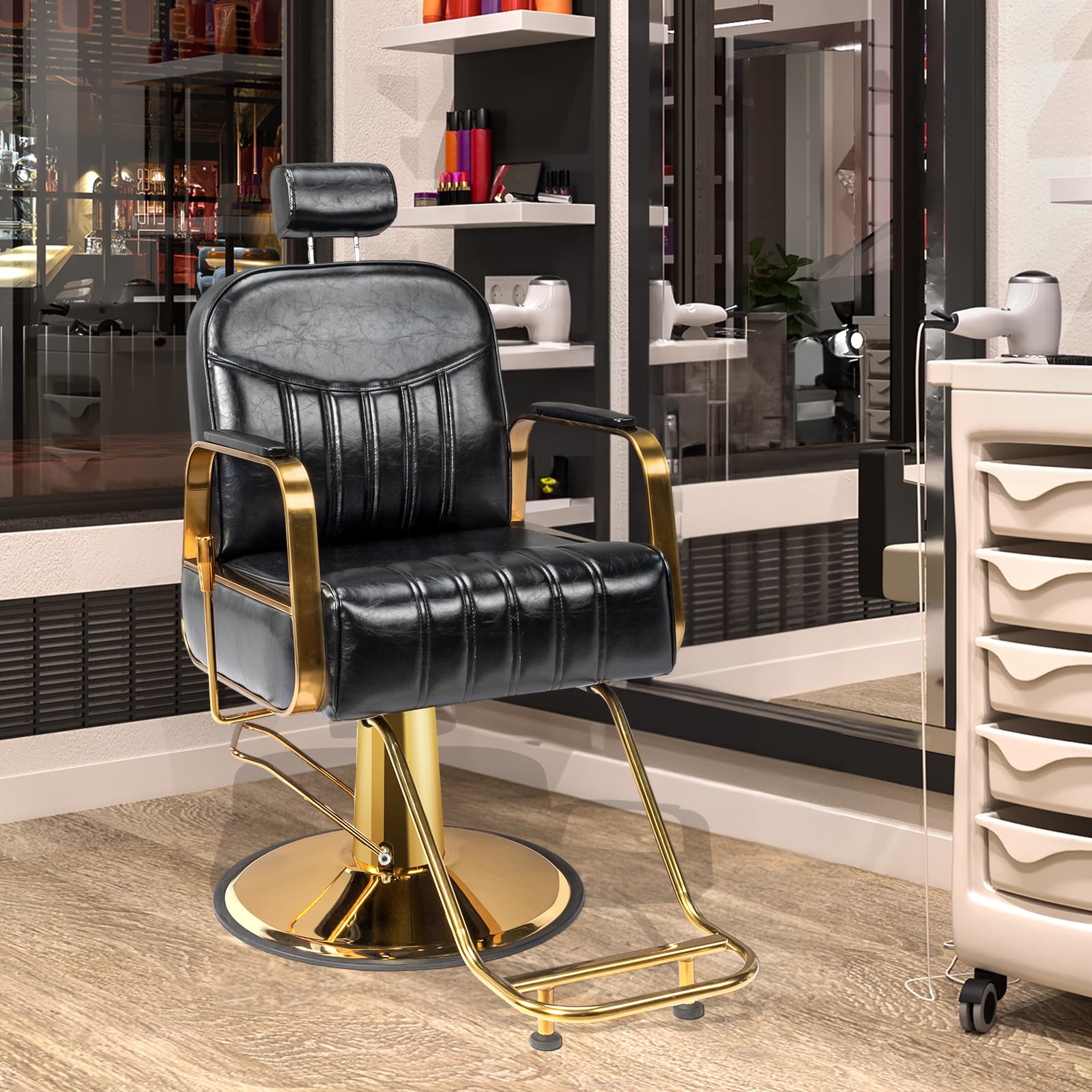 OmySalon All Purpose Heavy Duty Hair Salon Chair Barber Chair with Reclining Back Black & Gold