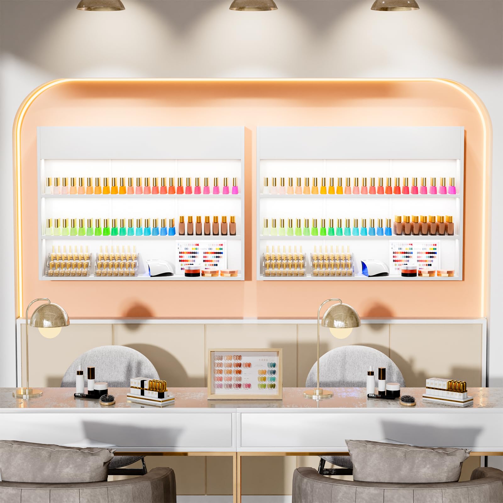 OmySalon 3-Tier Wall Mount LED Wooden Nail Polish Organizer Shelf with USB Touch Control