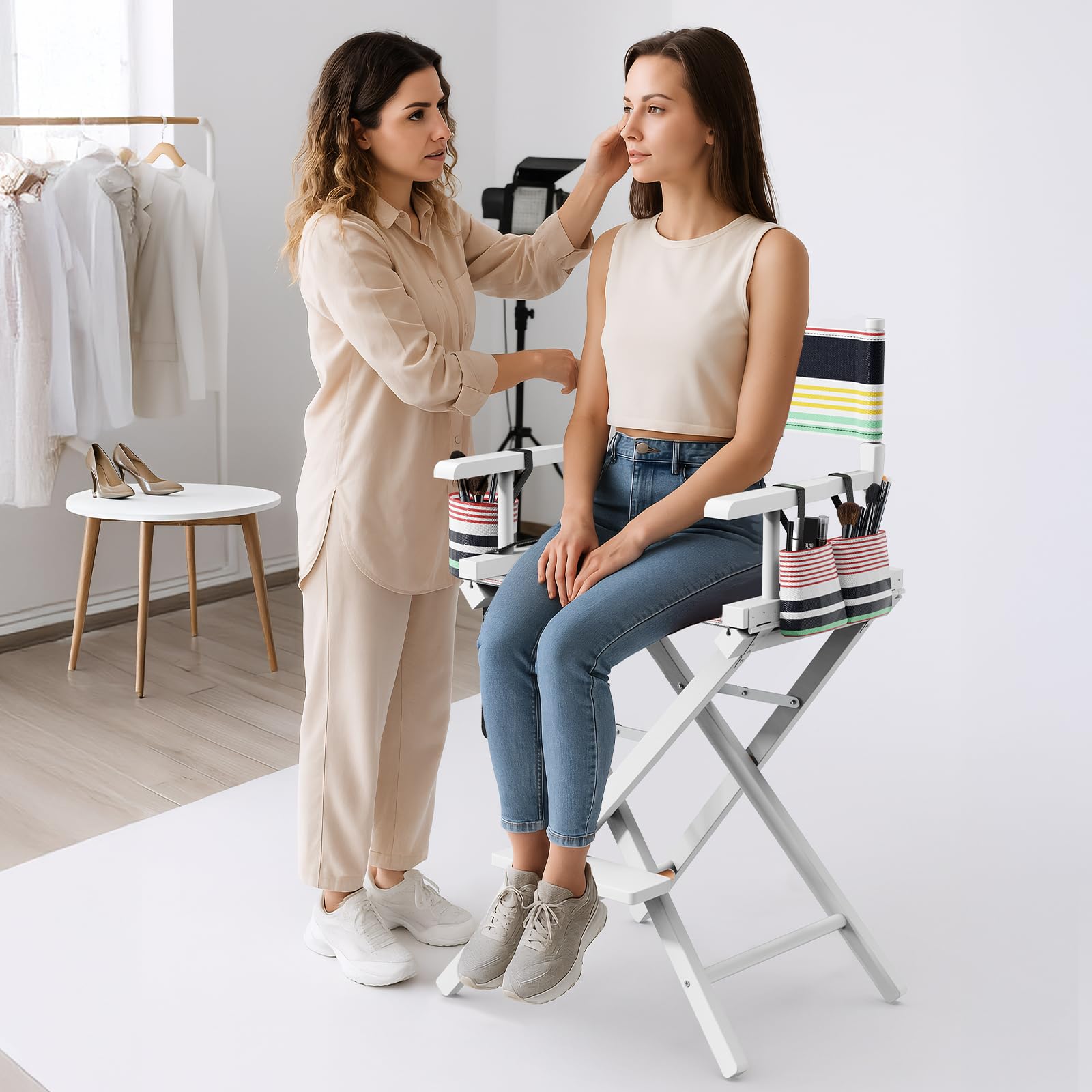 OmySalon 26in Wooden Portable Director Chair Folding Makeup Chair with Storage Pouch