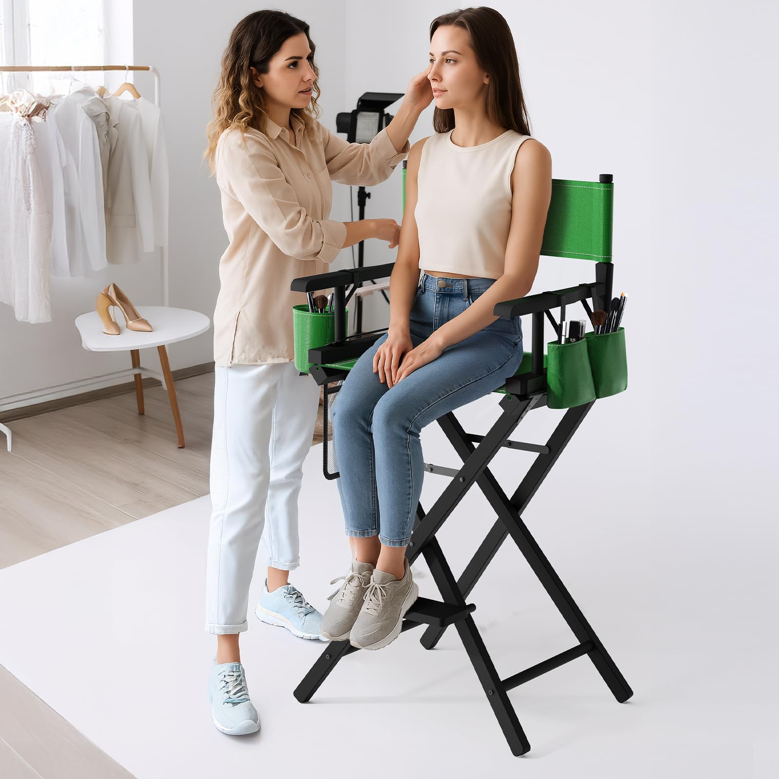 OmySalon 31in Wooden Portable Director Chair Folding Makeup Chair with Storage Pouch