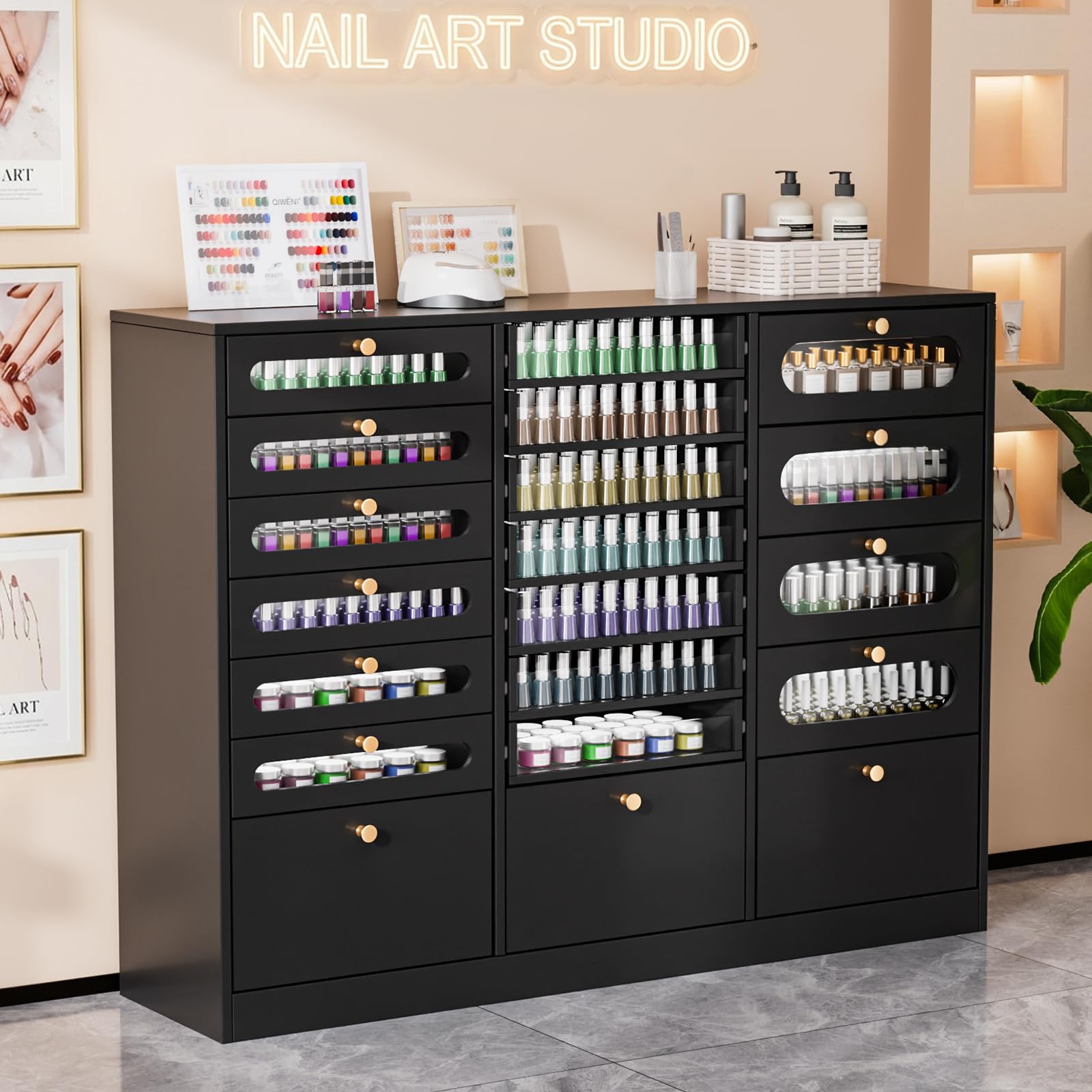 OmySalon Floor-Standing Nail Polish & Powder Organizer Cabinet with Drawers