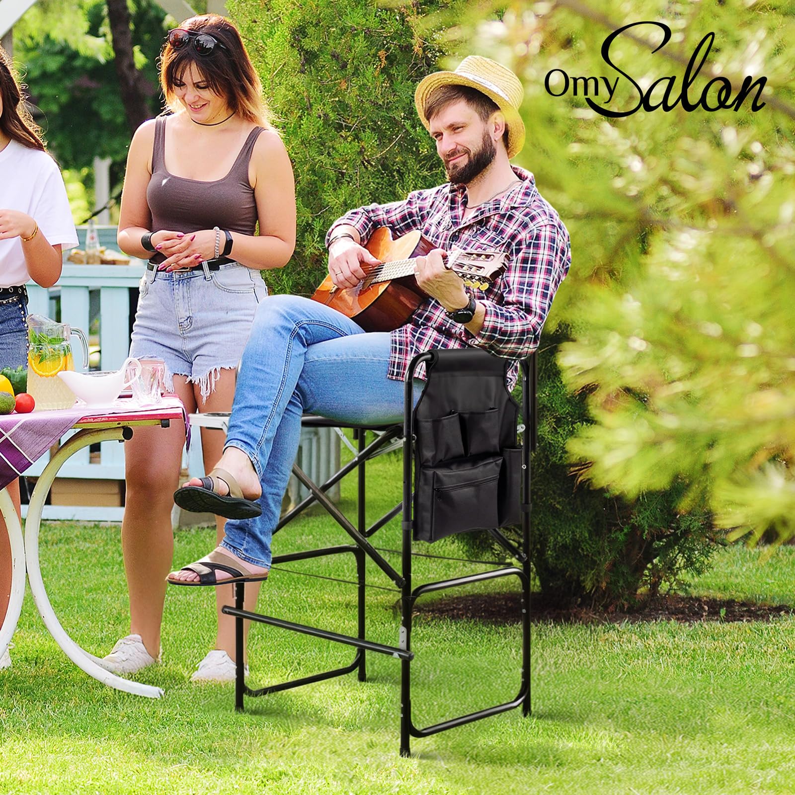 OmySalon Extra Tall 30.7in Folding Director Chair with Side Table & Storage Pockets