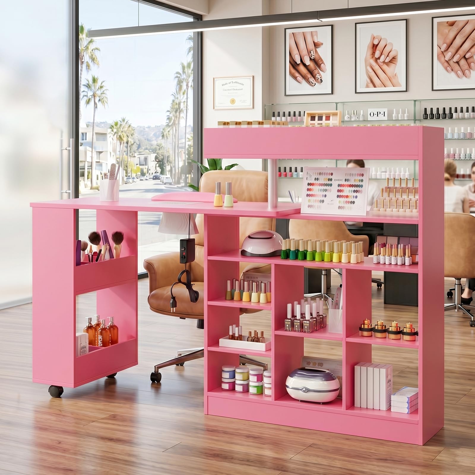 OmySalon MT-RL Rotatable L-Shaped Nail Manicure Table with Electric Dust Collector, Storage Trolley & Wrist Rest
