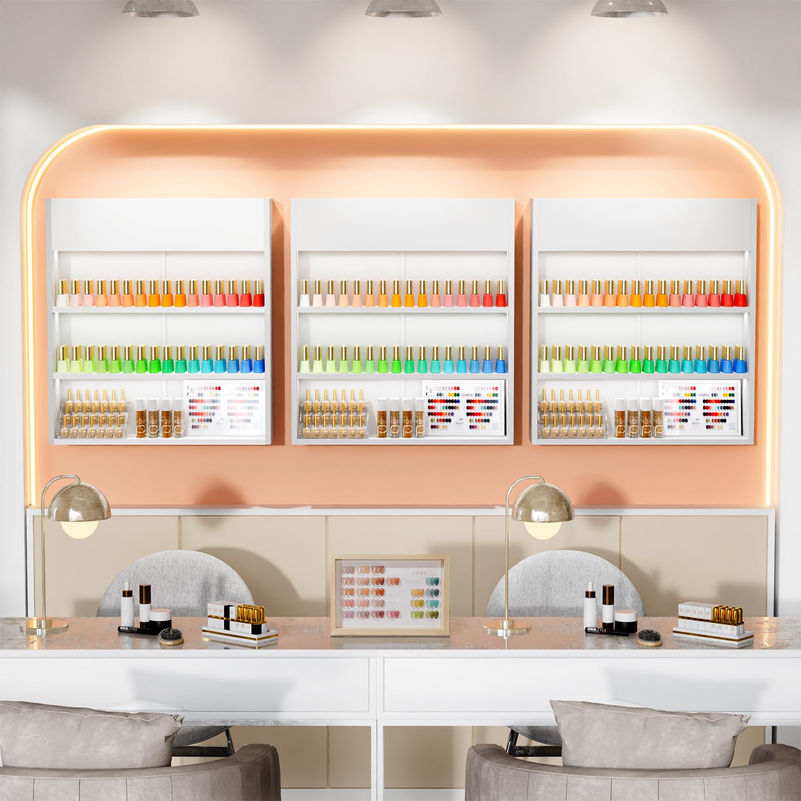 OmySalon 3-Tier Wall Mount LED Wooden Nail Polish Organizer Shelf with USB Touch Control