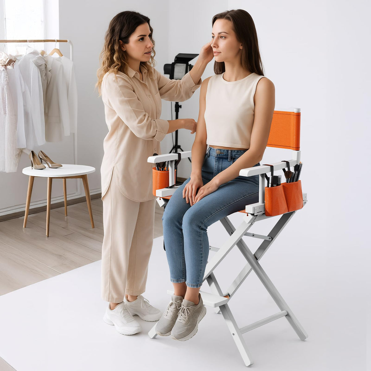 OmySalon 26in Wooden Portable Director Chair Folding Makeup Chair with Storage Pouch