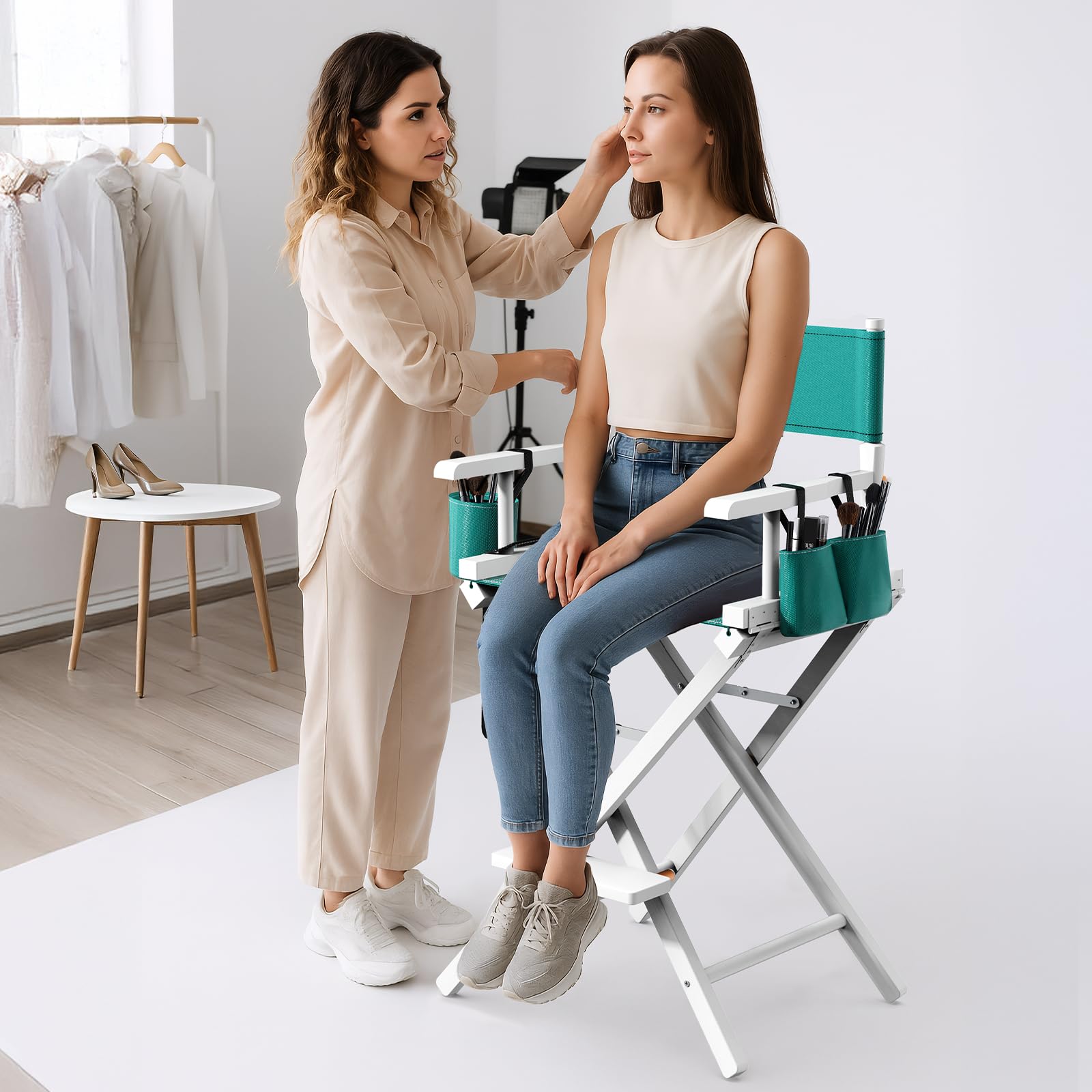 OmySalon 26in Wooden Portable Director Chair Folding Makeup Chair with Storage Pouch