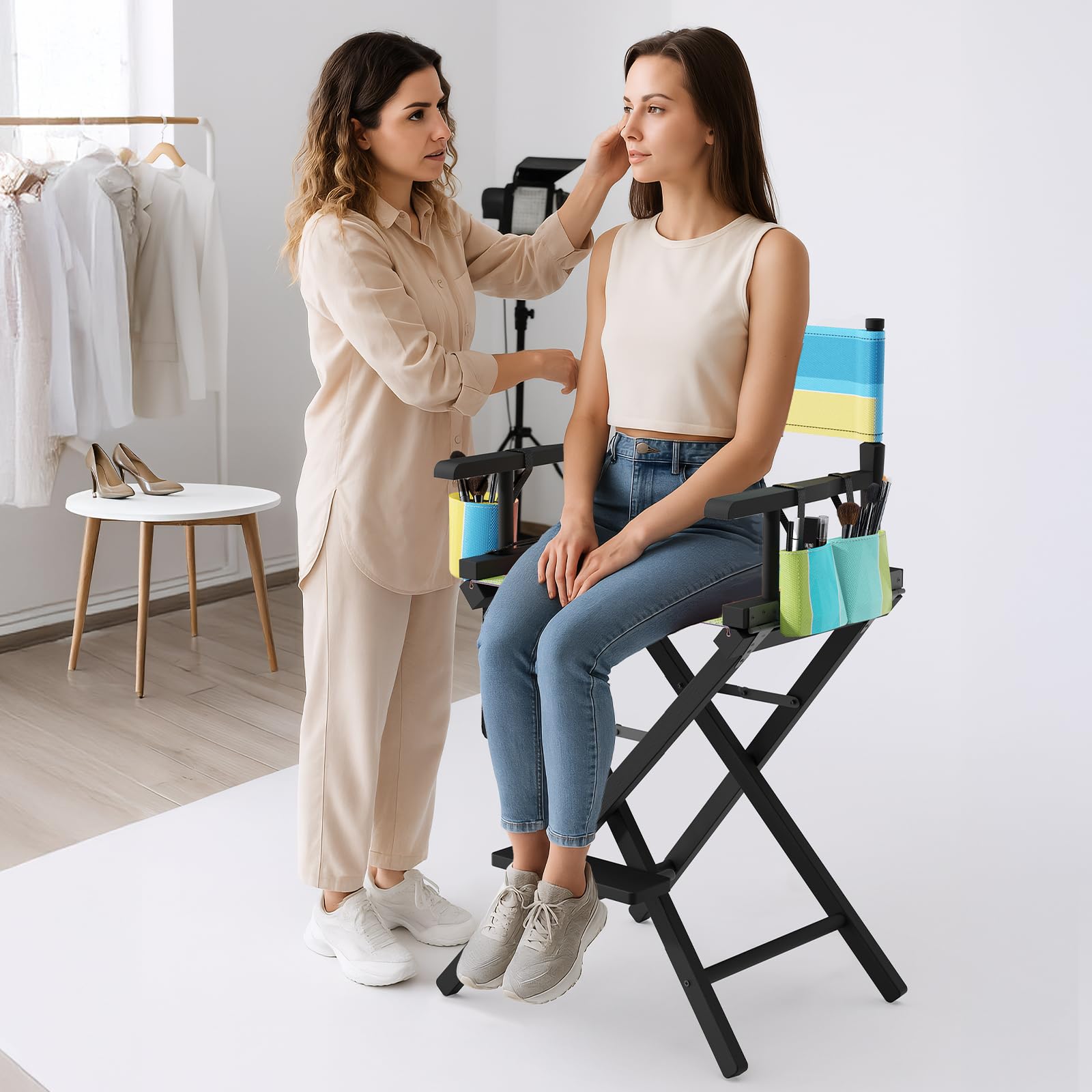 OmySalon 26in Wooden Portable Director Chair Folding Makeup Chair with Storage Pouch