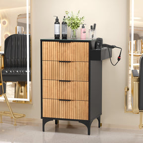 OmySalon SCWFD Modern Retro Style Salon Styling Storage Station Cabinet with Removable Glass Top & 4 Drawers 3 Hot Tool Holders