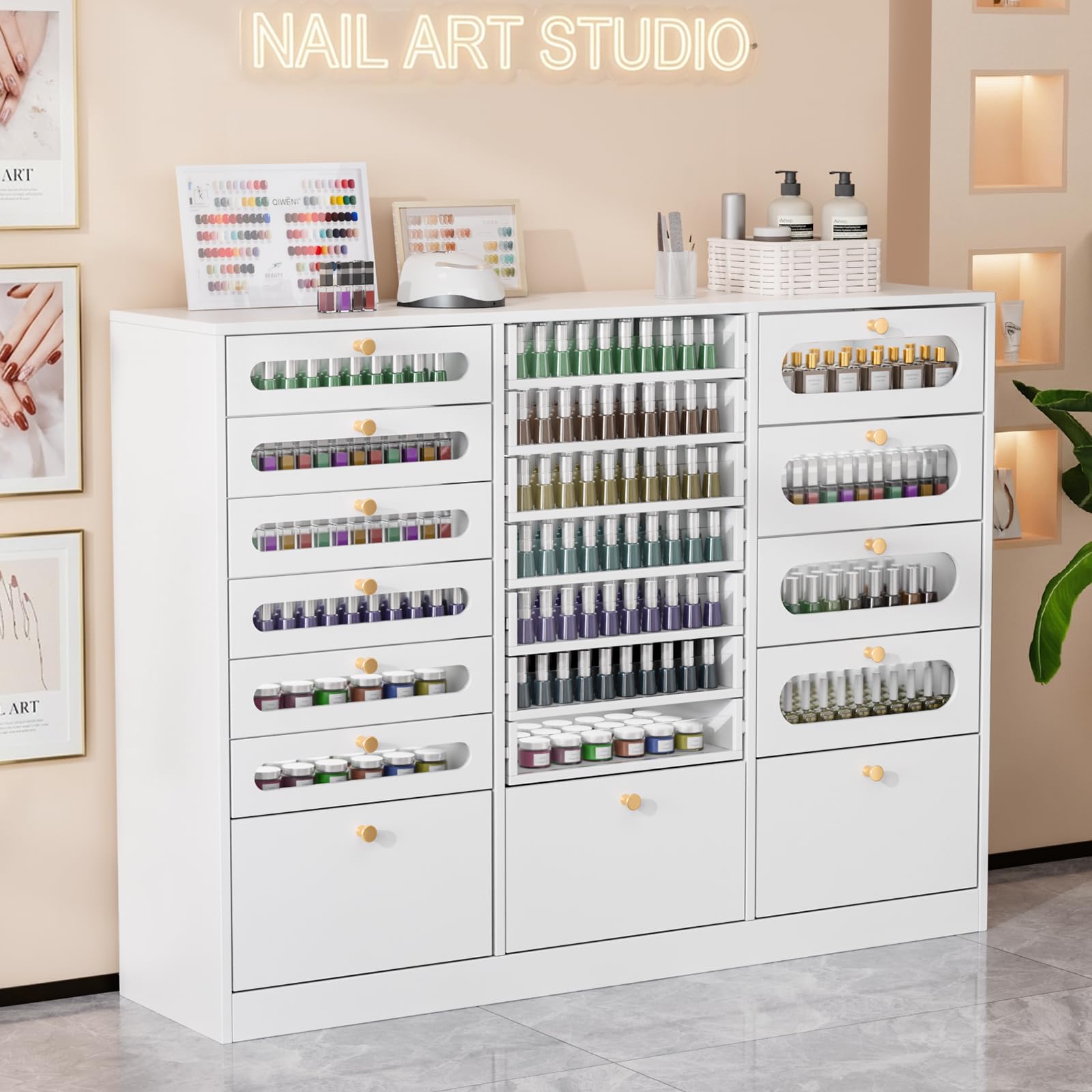OmySalon Floor-Standing Nail Polish & Powder Organizer Cabinet with Drawers