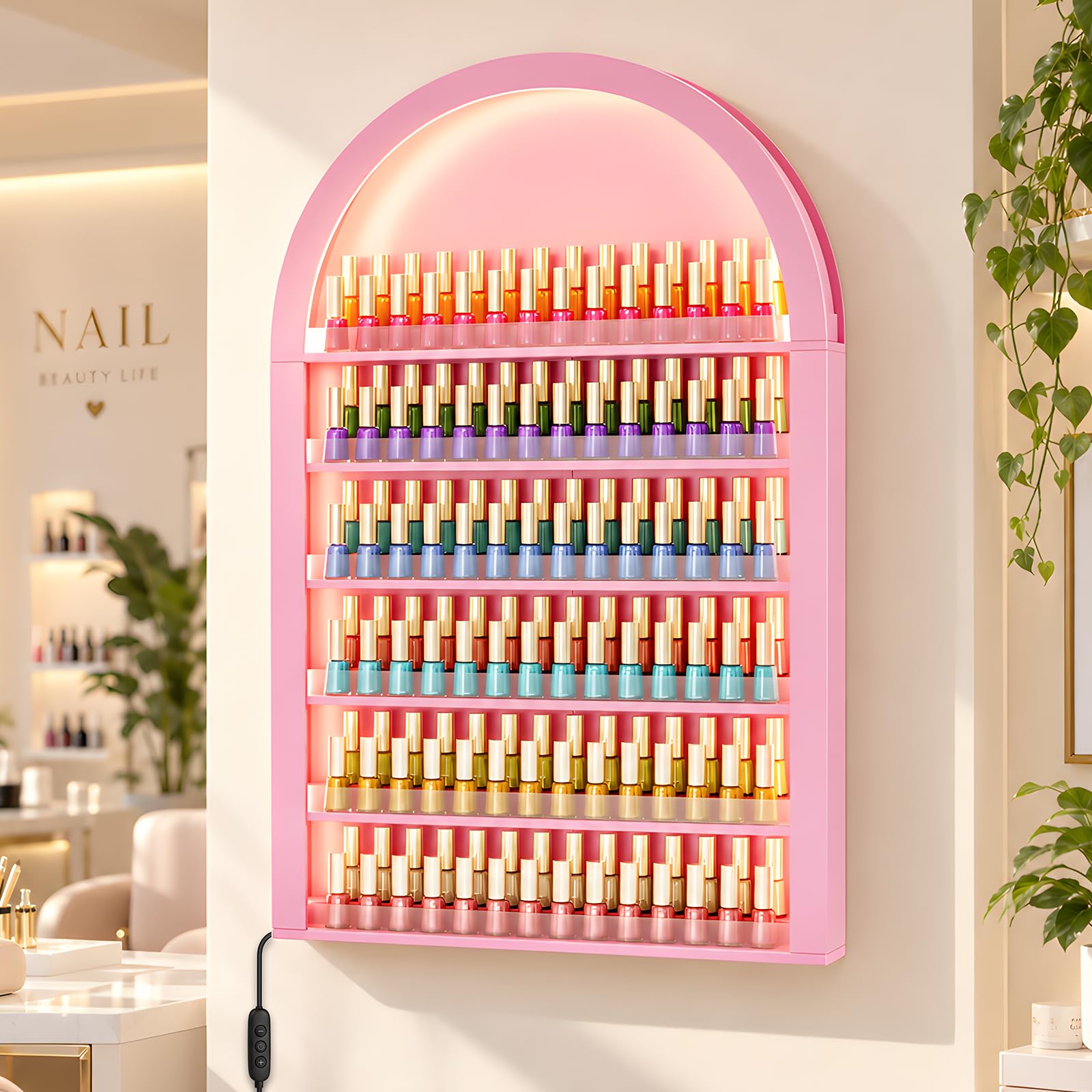 OmySalon Wall-Mounted Double 6-Tier Arched Nail Polish Organizer Rack With Led Lighting
