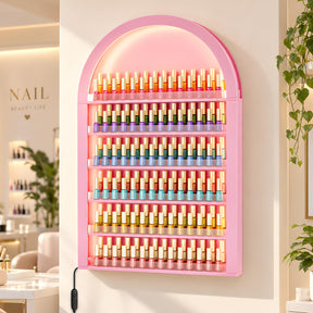 OmySalon Wall-Mounted Double 6-Tier Arched Nail Polish Organizer Rack With Led Lighting