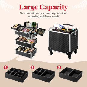 OmySalon 4-in-1 Aluminum Lockable Rolling Makeup Train Case