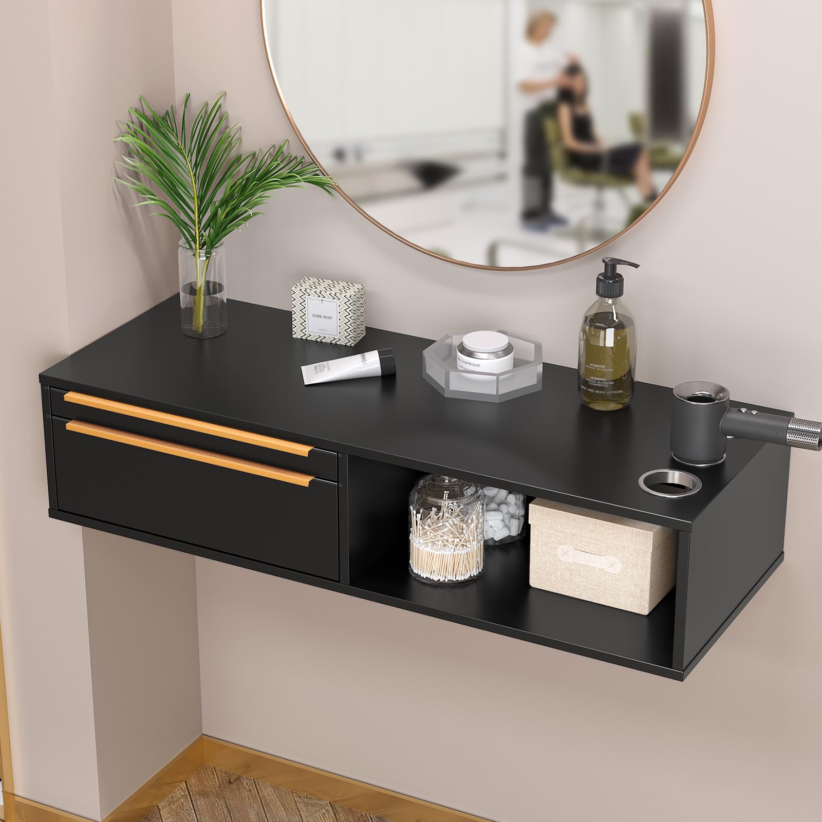 OmySalon WMSCOD Wall Mount Salon Styling Station with 2 Drawers 1 Open Shelf 3 Heat Resistant Dryer Holders