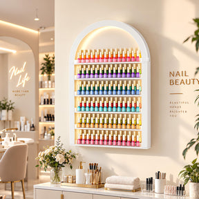 OmySalon Wall-Mounted Double 6-Tier Arched Nail Polish Organizer Rack With Led Lighting