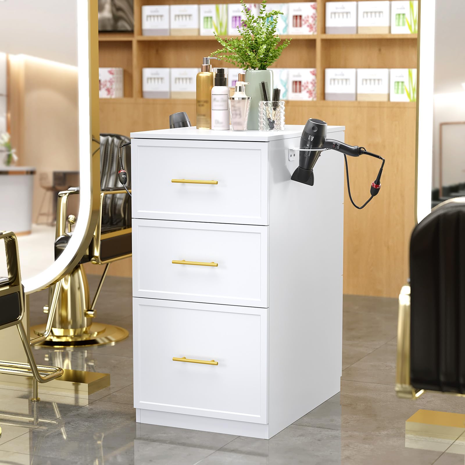 OmySalon DSCWSD Double-Sided Salon Styling Station with 6 Drawers 2 Tool Holders