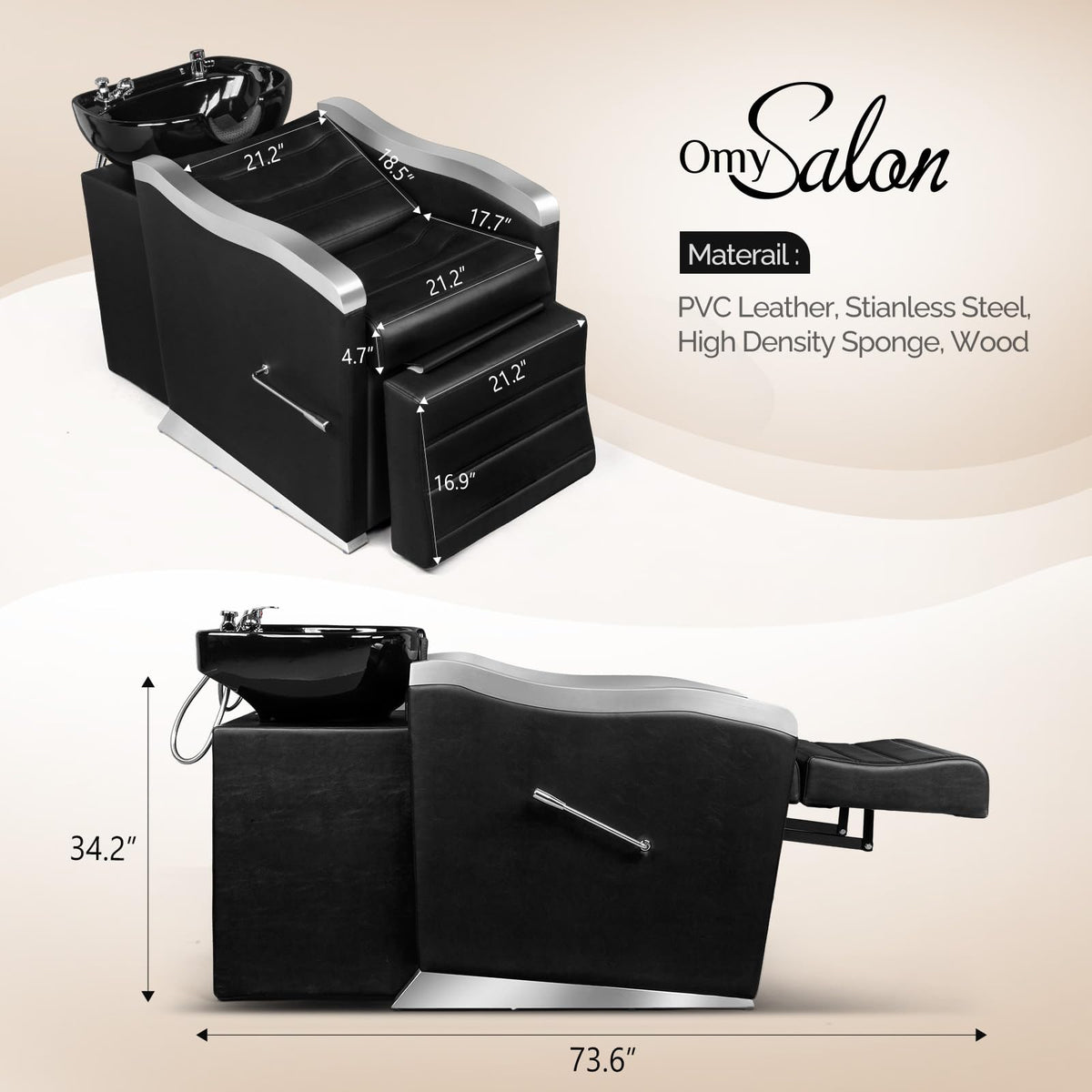 OmySalon BU1501 Salon Shampoo Bowl and Chair Backwash Unit with Ceramic Wash Bowl & Adjustable Footrest