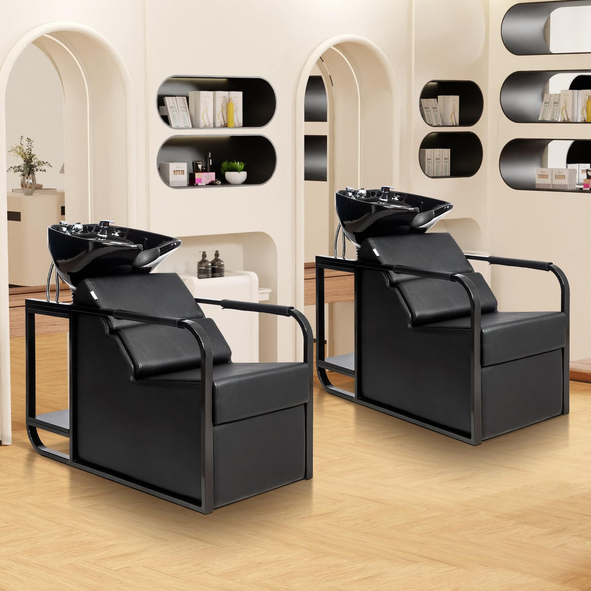 OmySalon BU2201 Salon Shampoo Backwash Chair Unit with Tilting Ceramic Bowl & Storage Shelf