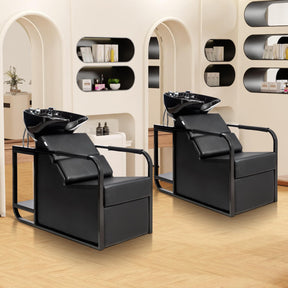 OmySalon BU2201 Salon Shampoo Backwash Chair Unit with Tilting Ceramic Bowl & Storage Shelf