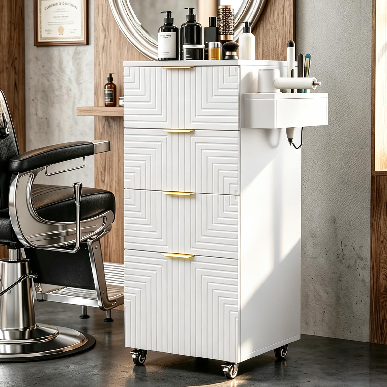 OmySalon SCTSM Wooden Rolling Salon Trolley Cart with Wheels & 4 Drawers 3 Hot Tool Holders