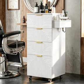 OmySalon SCTSM Wooden Rolling Salon Trolley Cart with Wheels & 4 Drawers 3 Hot Tool Holders