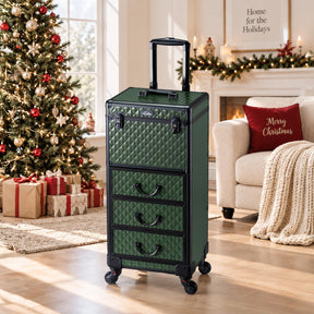 OmySalon Diamond Pattern Aluminum Lockable Rolling Makeup Train Case With 3 Drawers