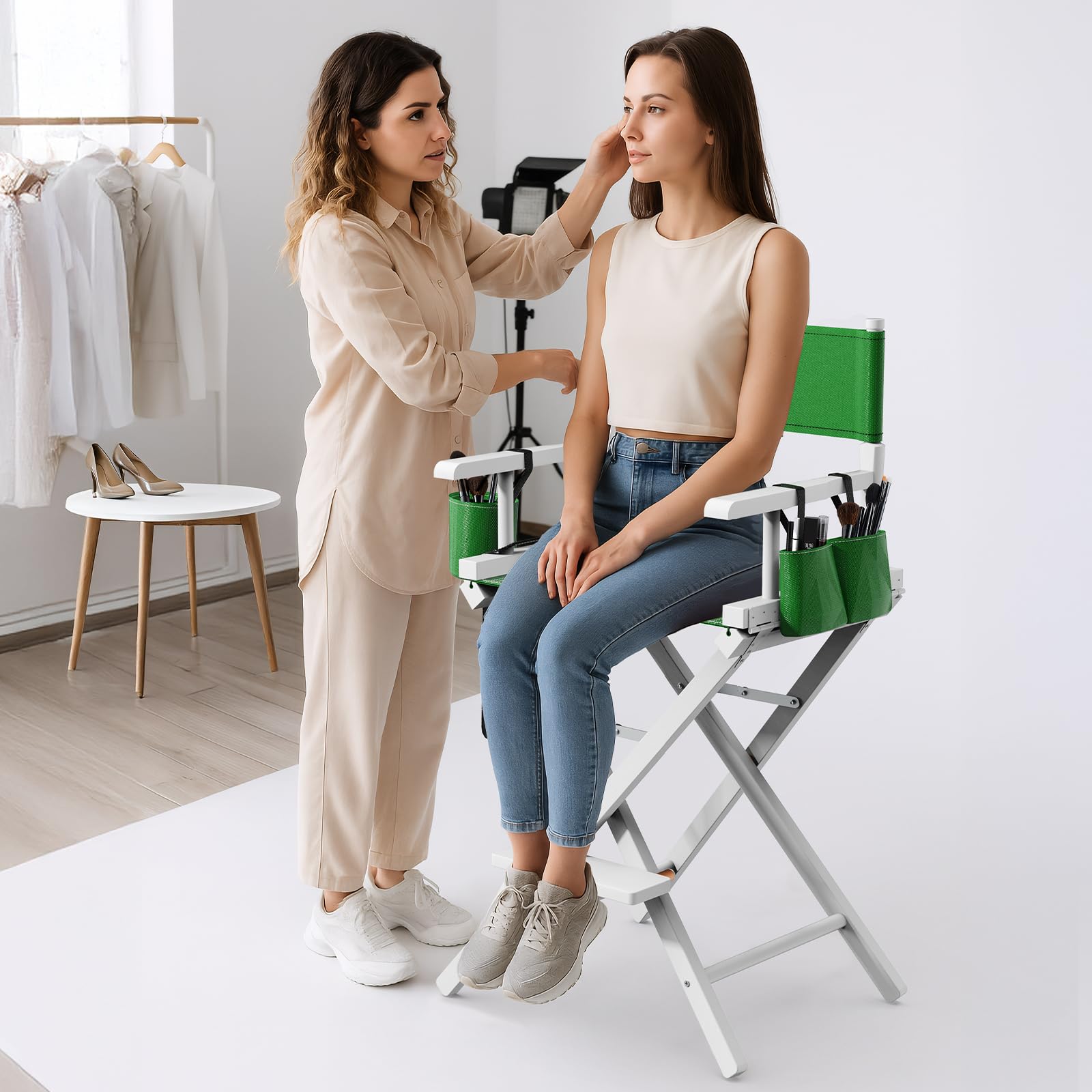 OmySalon 26in Wooden Portable Director Chair Folding Makeup Chair with Storage Pouch