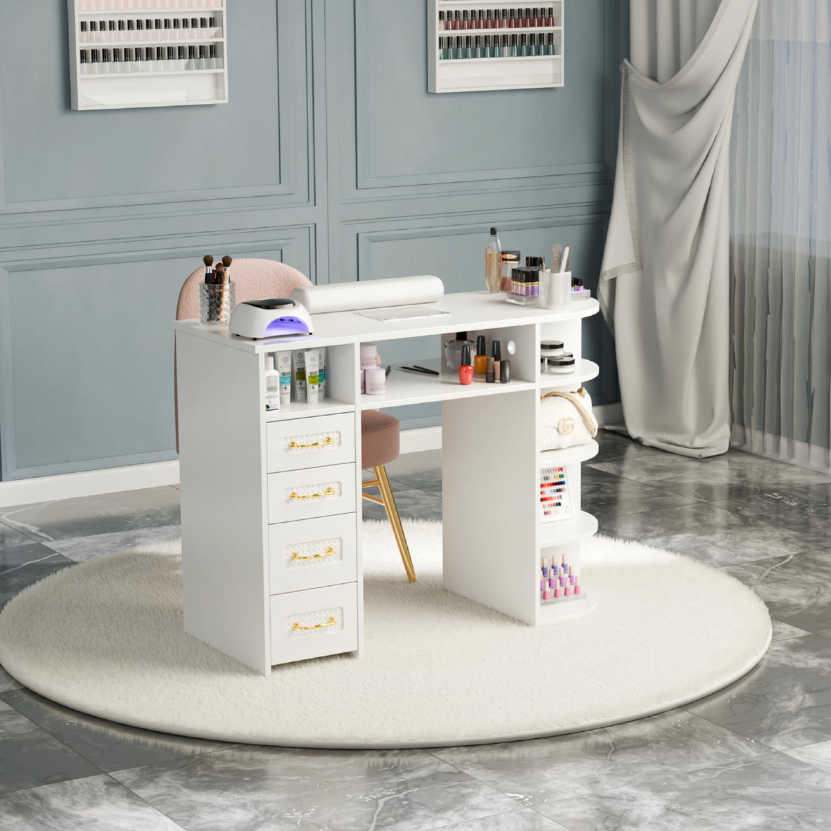 OmySalon MT Rattan Nail Manicure Table with Display Storage, Electric Dust Collector & Wrist Rest