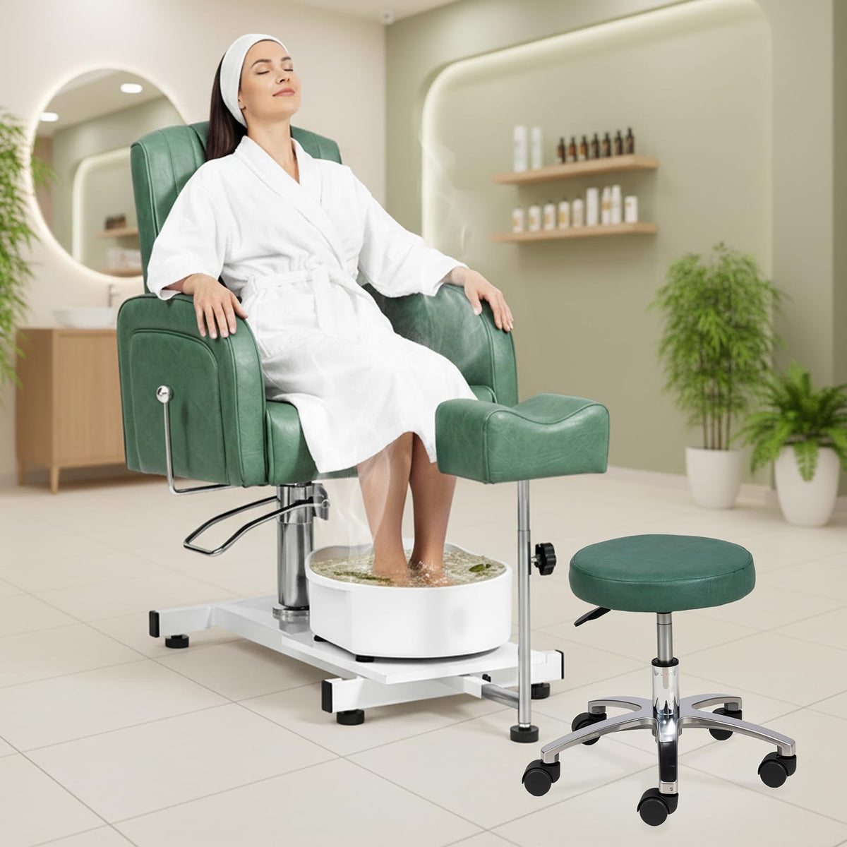 OmySalon PCM-WB 360° Rotation Hydraulic Pedicure Spa Chair with Bubble Foot Bath & Rolling Stool