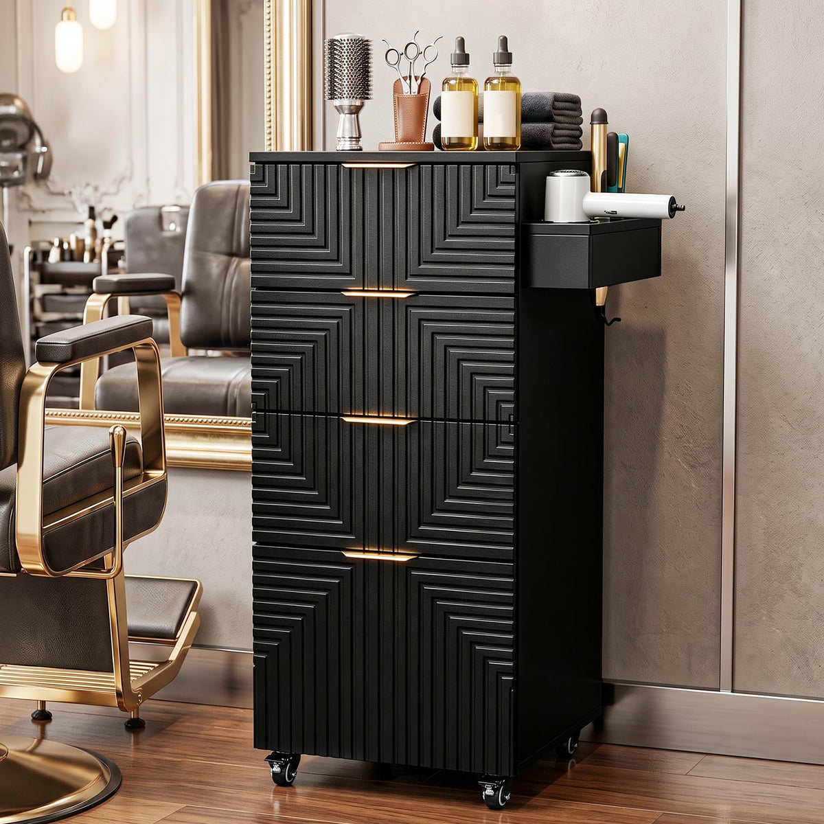 OmySalon SCTSM Wooden Rolling Salon Trolley Cart with Wheels & 4 Drawers 3 Hot Tool Holders