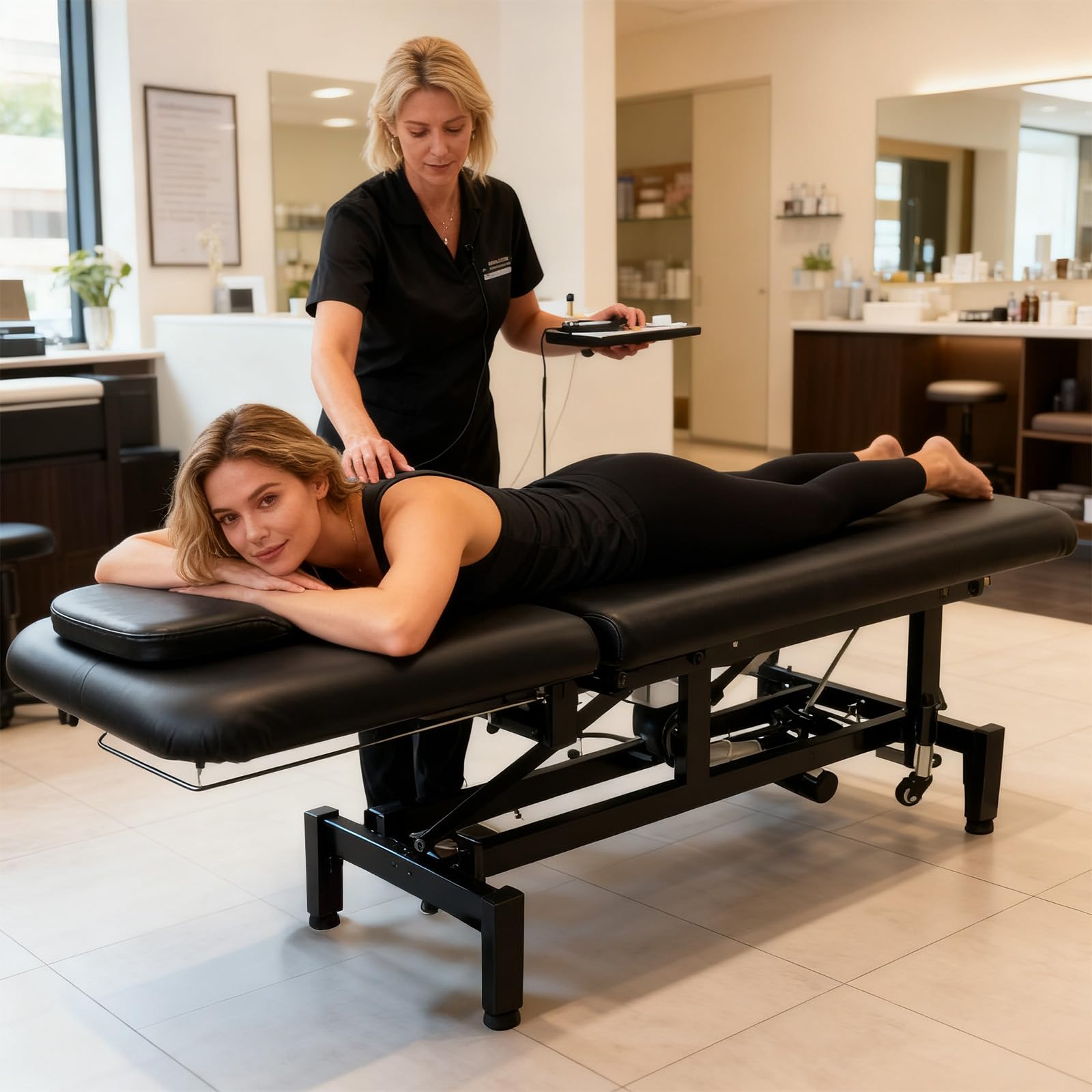OmySalon MTB-W 71in Heavy Duty Electric Dual-Motor Remote Control Physical Therapy Massage Table with Adjustable Height & Backrest
