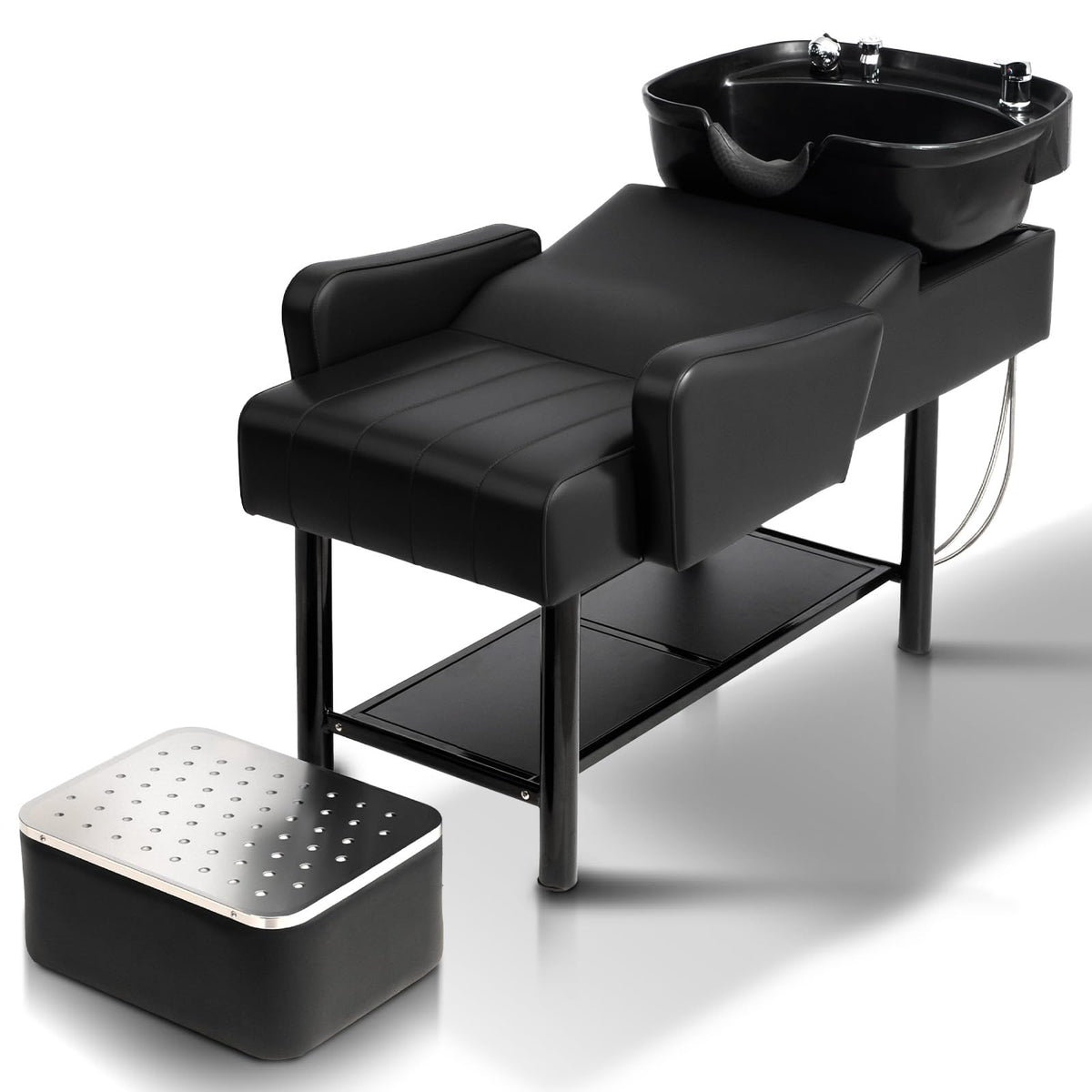 OmySalon BU2501 Salon Shampoo Backwash Unit with ABS Plastic Bowl & Storage Shelf & Freestanding Ottoman