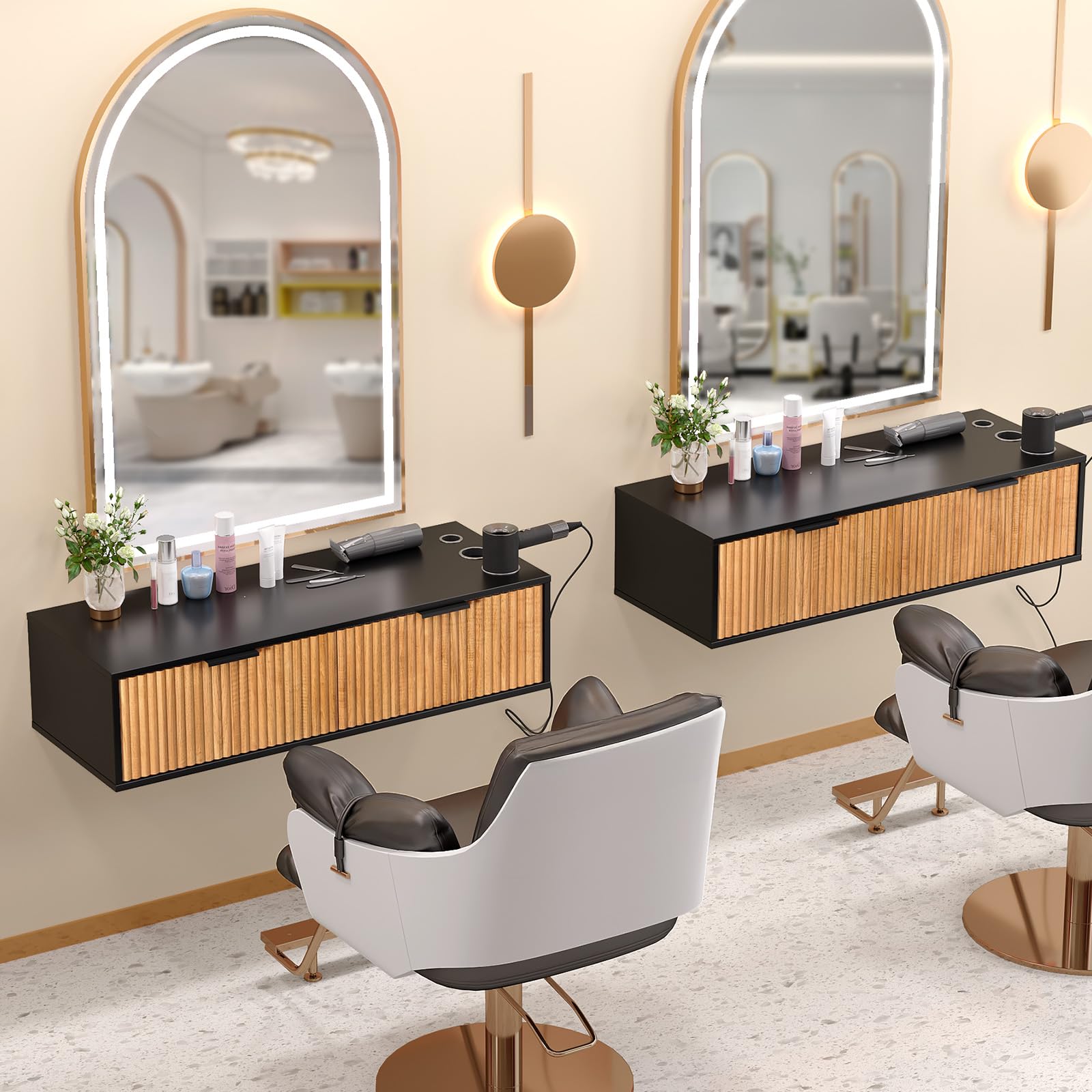 OmySalon WMSCTD Modern Retro Wall Mount Salon Styling Station with 2 Drawers 3 Heat-Resistant Tool Holders